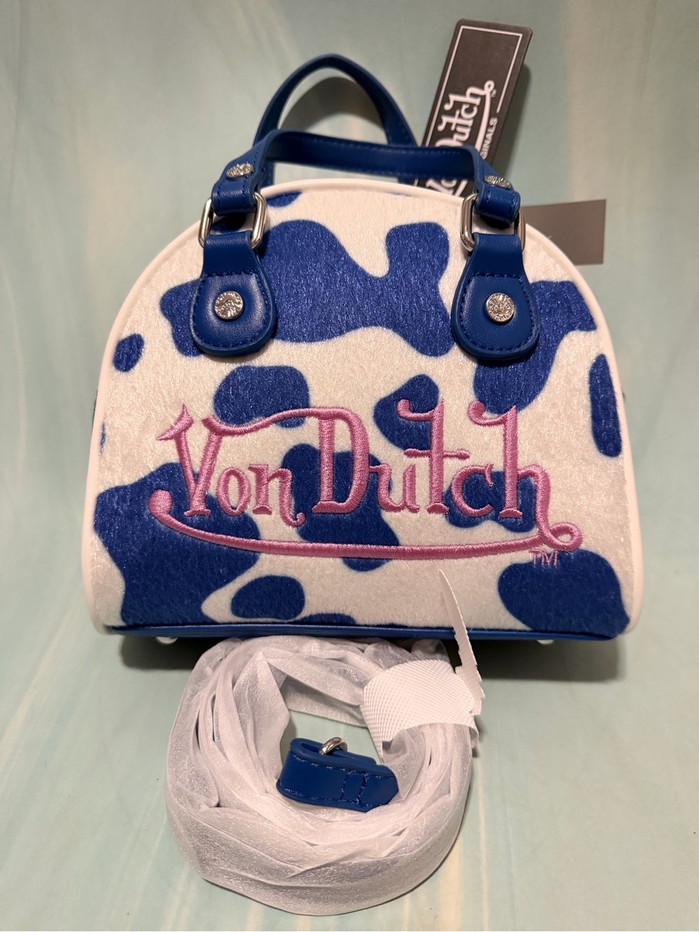 Von Dutch BLUE & PINK COW PRINT BOWLING BAG -NWT